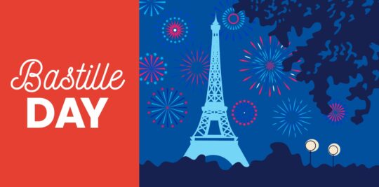 Blog header: Illustration of fireworks and Eiffel tower on right, "Bastille Day" text on left