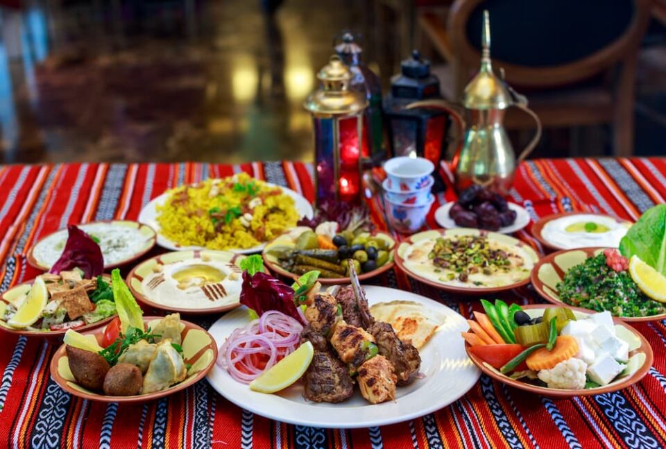 Table set with a buffet for iftar dinner during Ramadan