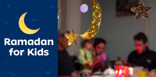 Blog header: Family eating iftar dinner on the right, text reading "Ramadan for Kids" on the left with a crescent moon above it