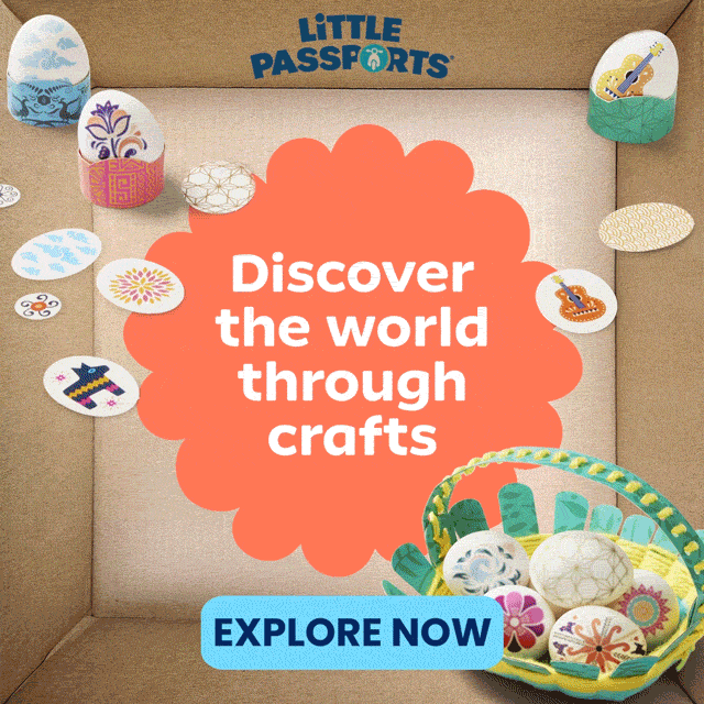 Ad for Little Passports Craft Discovery subscription. An open box with decorated eggs and DIY easter basket, text reading "Discover the world through crafts, explore now"