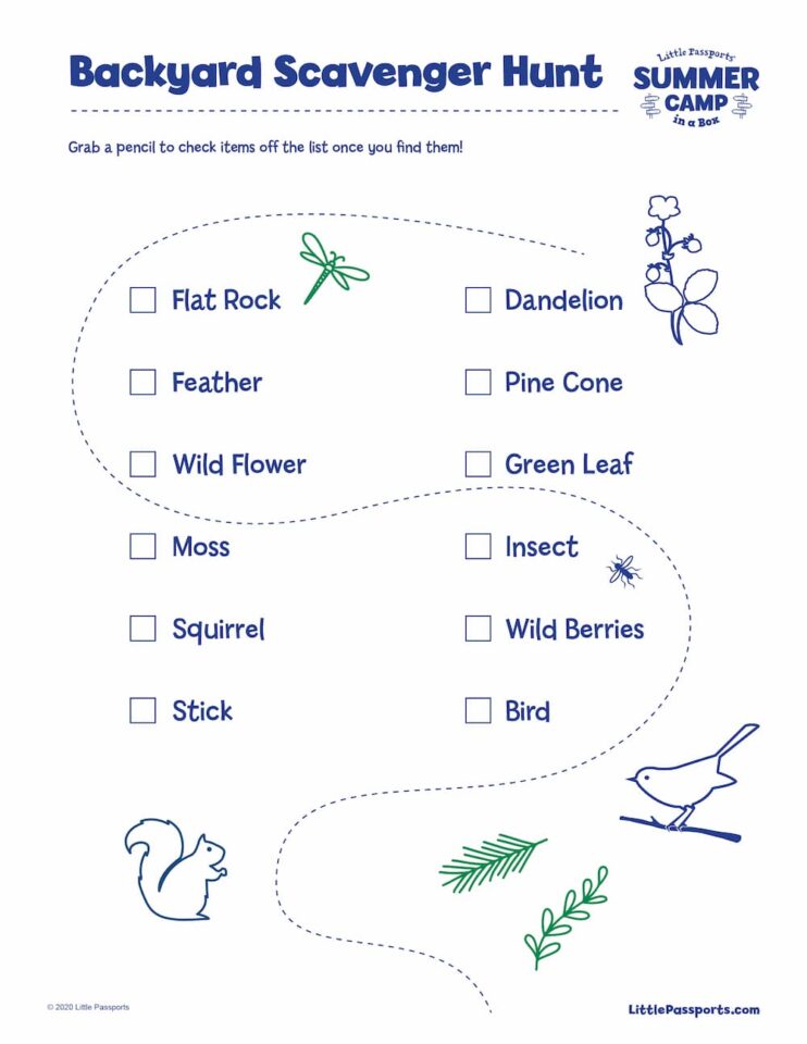 Printable checklist for a  backyard scavenger hunt