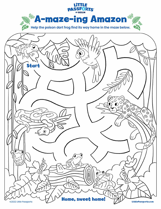 A-maze-ing Amazon printable from Little Passports - easy maze for kids with rainforest animals decorating it