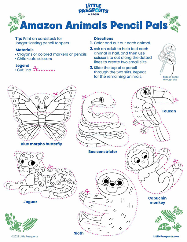 Amazon Animals pencil pals printable from Little Passports: 5 baby rainforest animals to cut out, color, and wrap around pencils