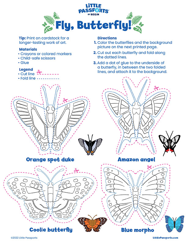 Fly, Butterfly! coloring page from Little Passports: 4 butterfly cut-outs to be colored in
