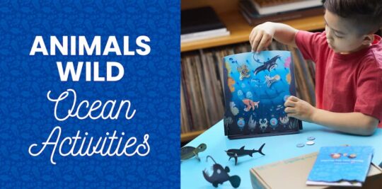 Blog header: Photo of child playing with ocean activities from Little Passports on right, text reading "Animals Wild Ocean Activities" on left