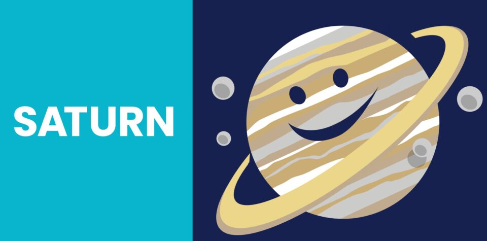 Blog header: Illustration of smiling planet Saturn and moons on right, text "Saturn" on left