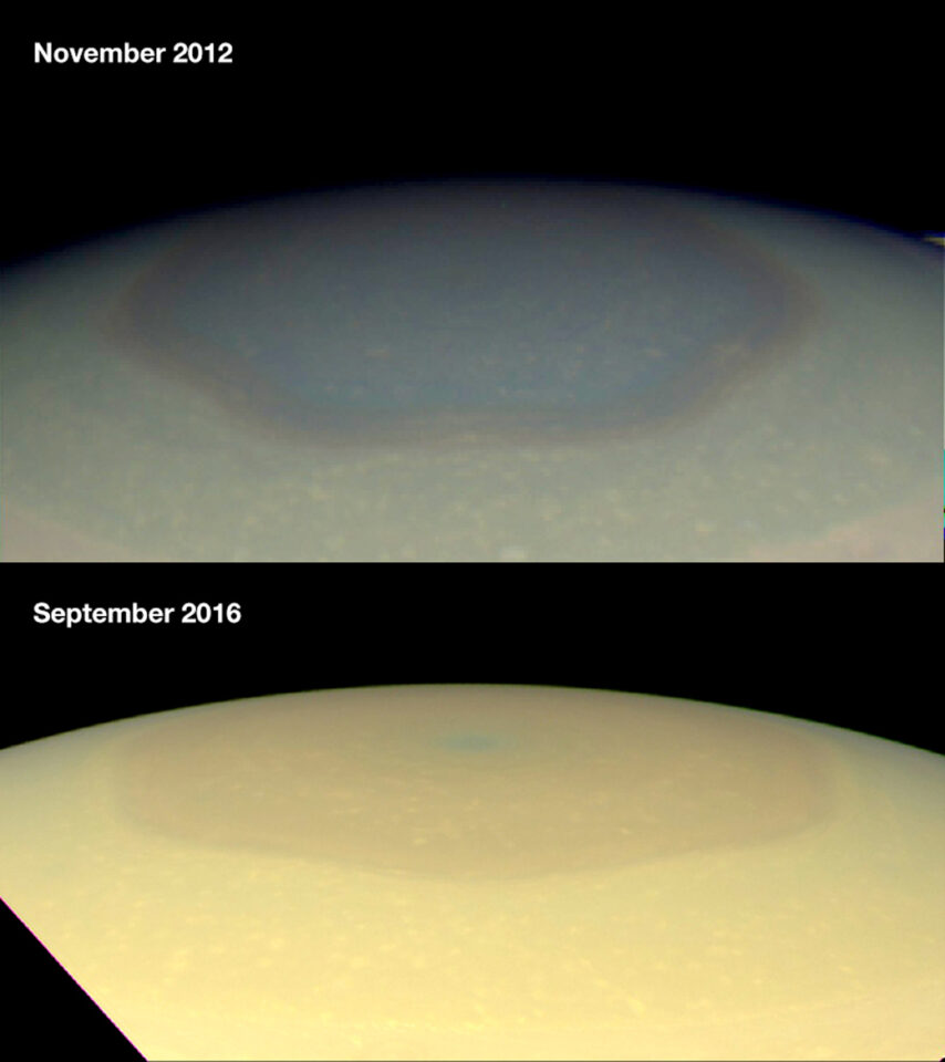 Saturn's north pole showing blue clouds in 2012 and brown clouds in 2016
