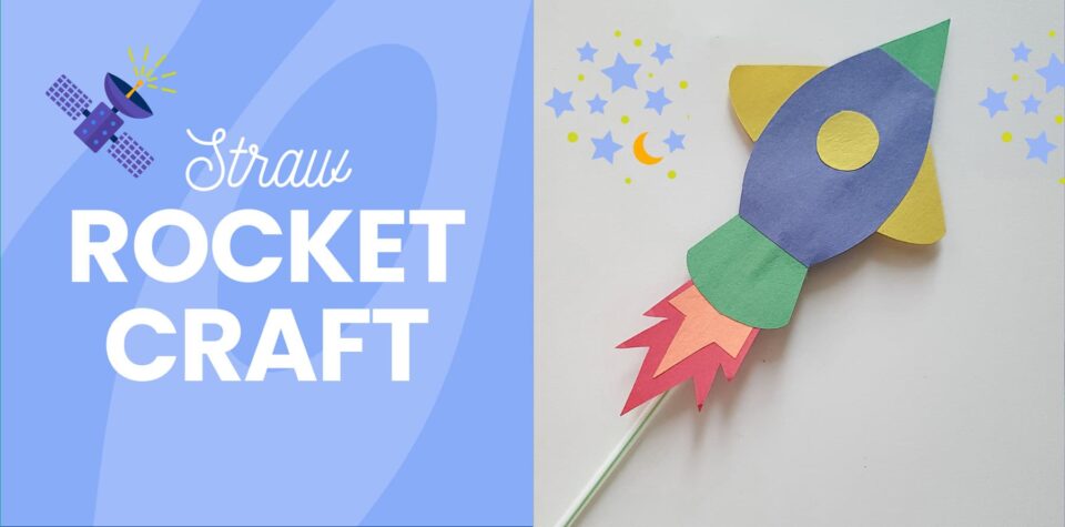 Blog header: Straw rocket made of construction paper on right, "Straw Rocket Craft" text on left