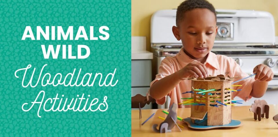 Blog header image: Boy playing with Little Passports Animals Wild kit on right, text reading "Animals Wild Woodland Activities" on left