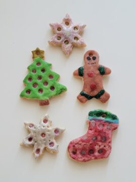 Finished holiday salt dough ornaments decorated for Christmas