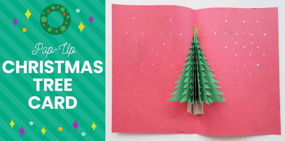 Blog header: Pop-up Christmas tree card on right, text reading "Pop-Up Christmas Tree Card" on left
