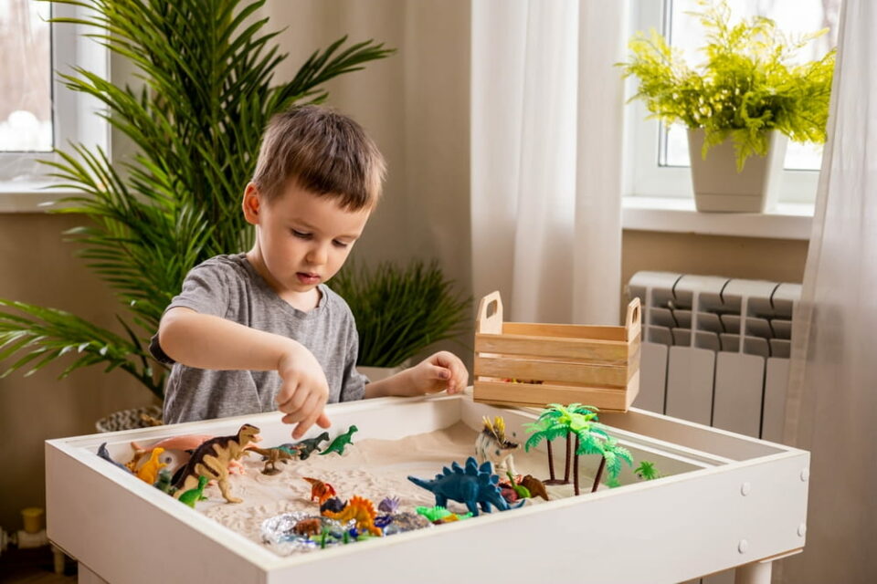 A-young-boy-playing-with-dinosaur-figures-kept-inside-a-large-box-of-moon-sand
