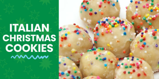 Nine Italian Christmas cookies decorated with sprinkles in a white bowl