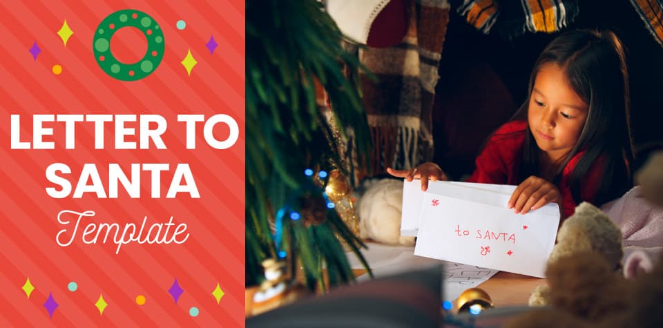 Child putting letter to Santa under a Christmas tree