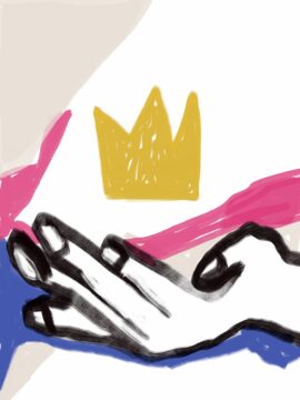A Basquiat-inspired image of a hand holding a golden crown