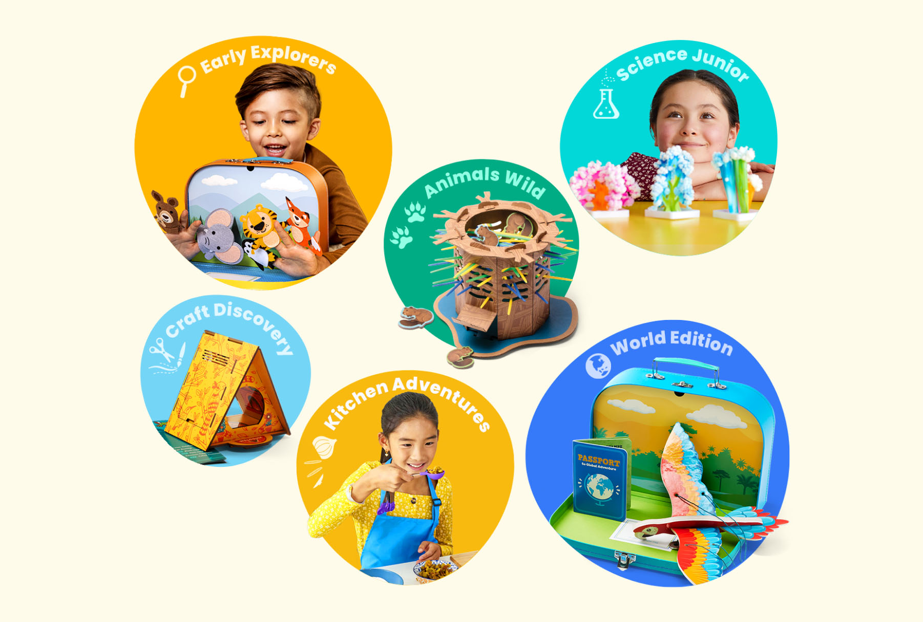 Children with activities from various Little Passports subscription lines