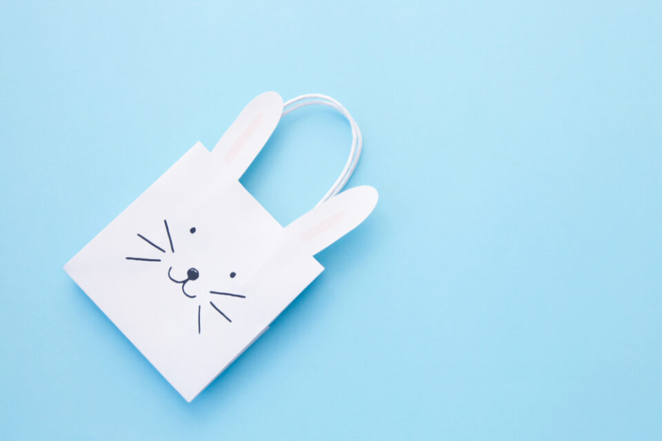 A white bunny gift bag on a blue background.