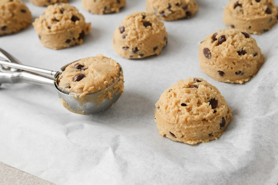 A close-up of chocolate chip cookie dough bites.
