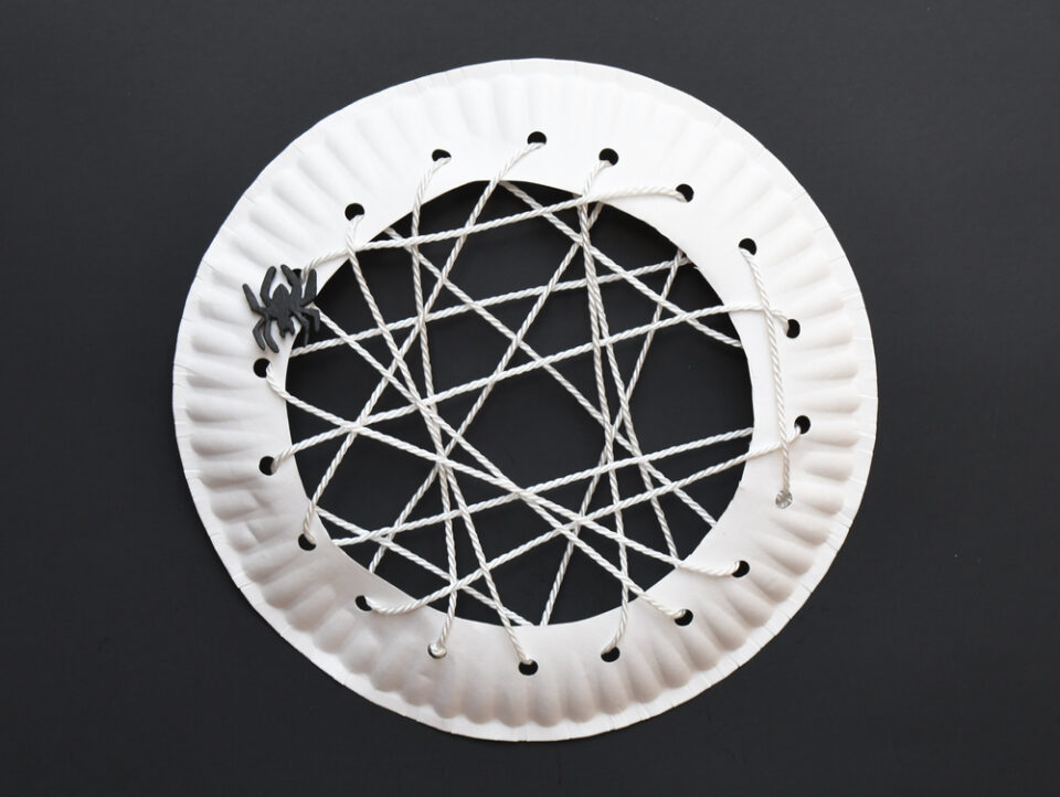 A paper plate spider web on a black background