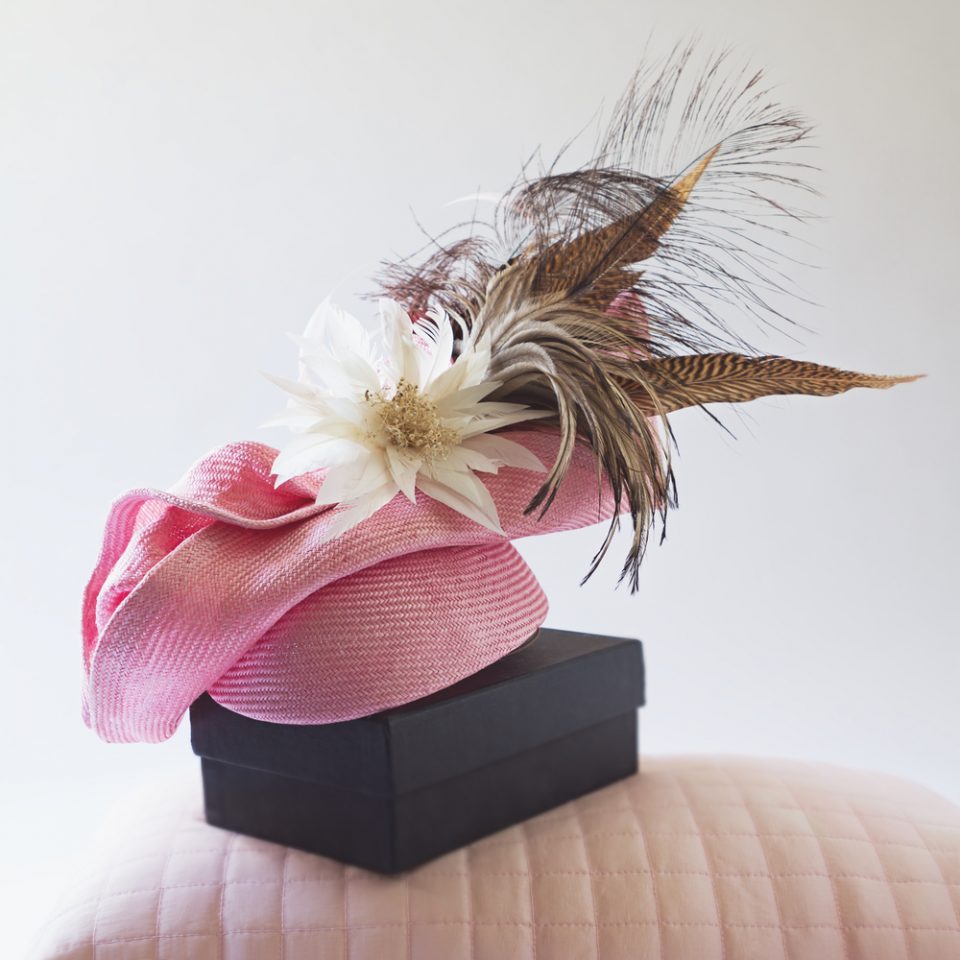 pink fascinator with flower and feathers