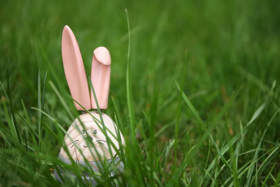 An Easter bunny decoration in the grass