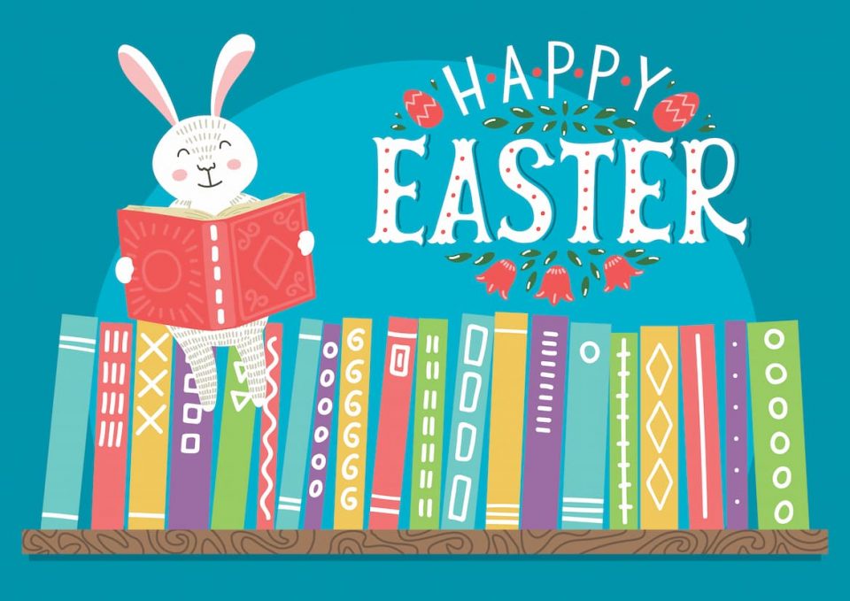Happy Easter bunny reading books