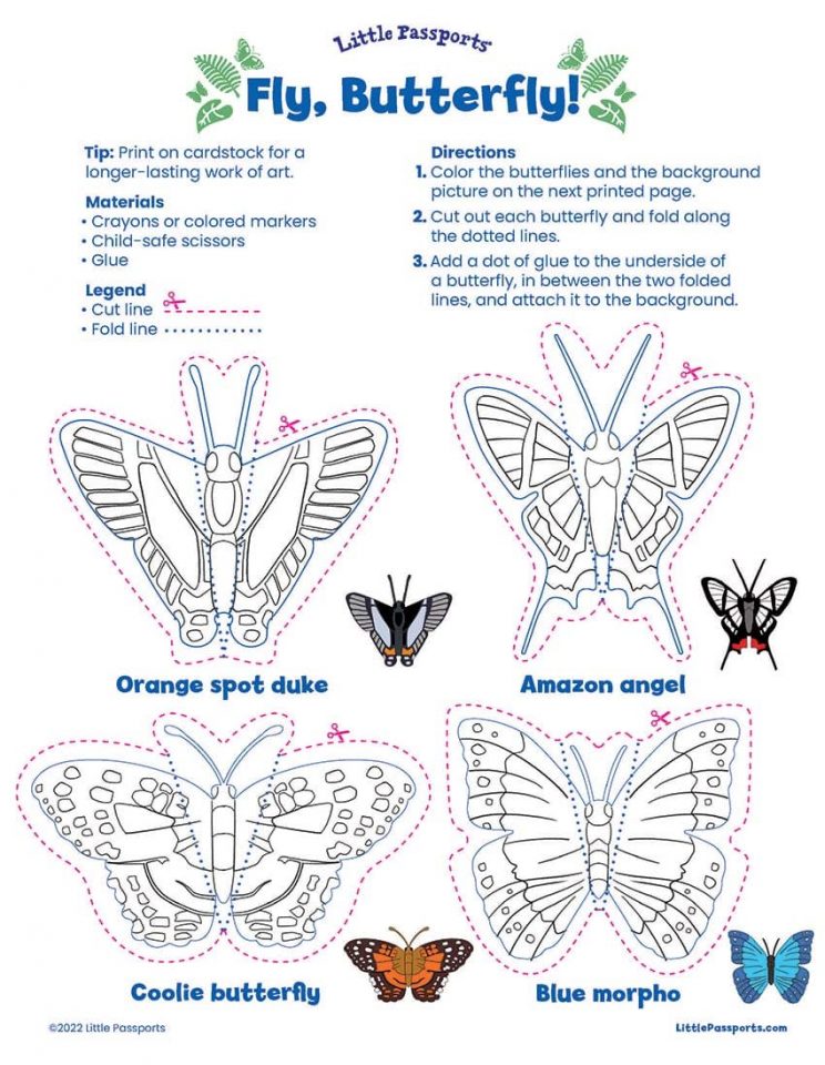 Fly, butterfly coloring pages from Little Passports