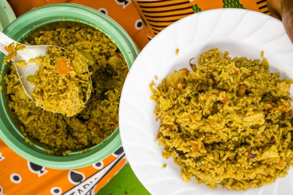A bowl of pilau like that eaten on Eid al-Fitr in many East African countries