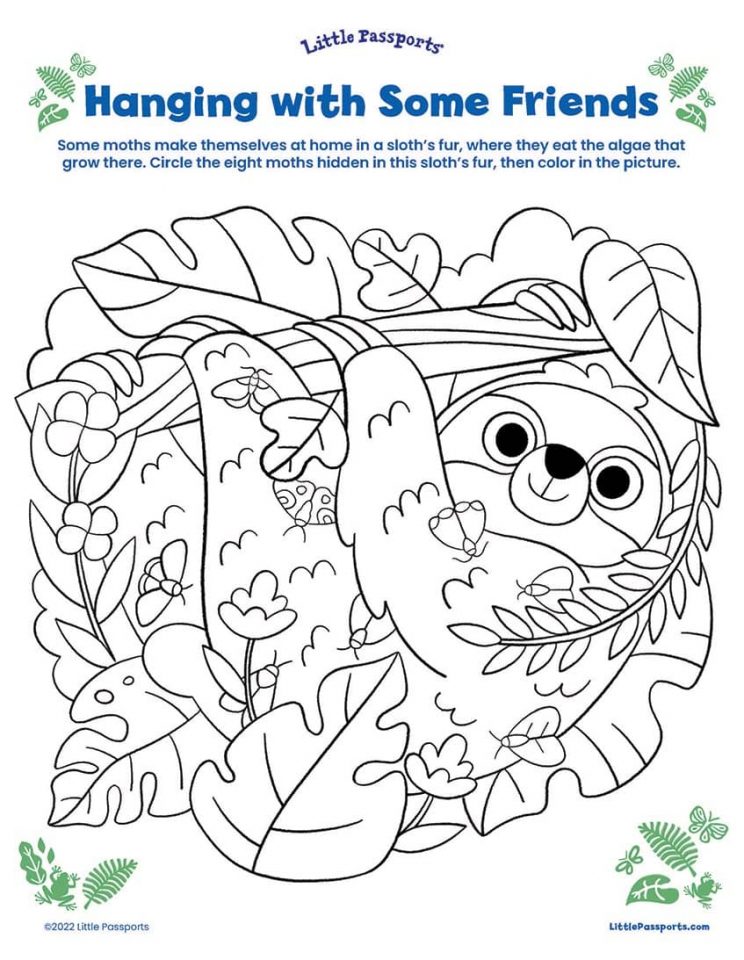 Sloth coloring page "Hanging with Some Friends" from Little Passports